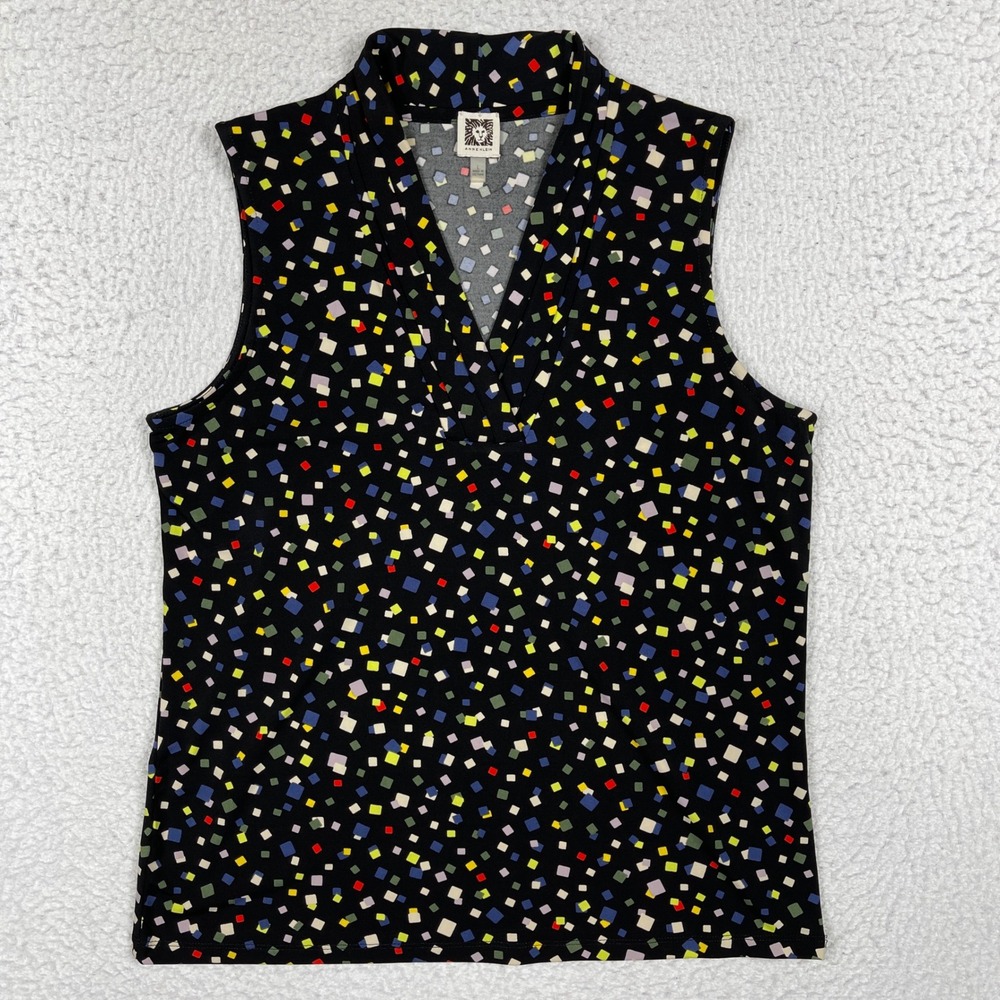 Anne Klein Sleeveless Top Womens Large Black Multi Geometric Print Blouse